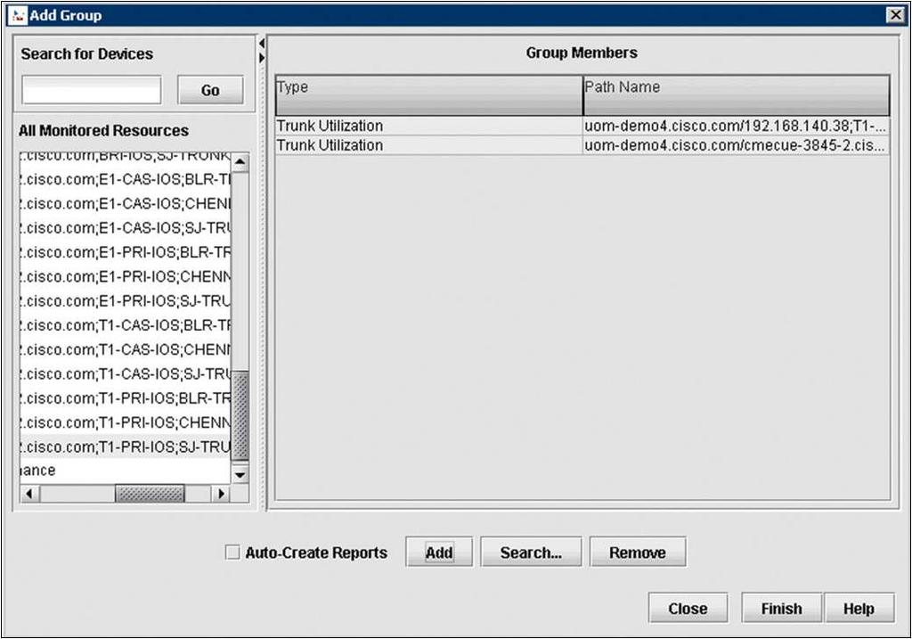 4. Expand the All Monitored Resources tree to Trunk Utilization. Select the trunks in the San Jose group and click Add (Figure 14). Figure 14. Click Add to Add the Resources 5.