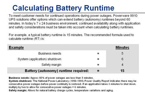Battery (autonomy) runtimes Battery (Autonomy) Runtimes @ Watt load Std Internal Batts +1 EBM + EBMs +3 EBMs +4 EBMs P30 (EBM #6640) 875 Watts 16 min 57 90 150 00 1050 W 13 55 7 10 150 1750 W 7 8 48