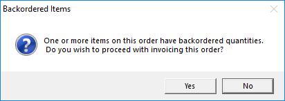 If they user clicks Yes, they will be allowed to proceed with invoicing the order.