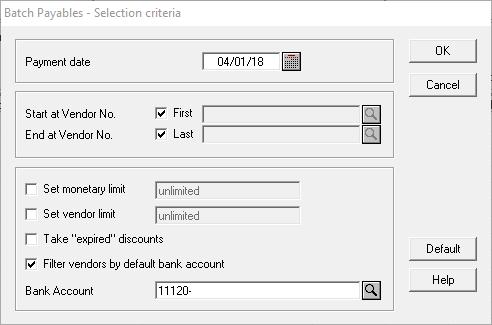 Batch Payables Enhancements In the Batch Payables utility, when selecting items to include in the batch, the option has been added to Filter vendors by default bank account.