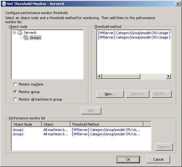 Configuring Threshold Monitoring The automatically applied threshold settings by VM Optimized Placement are listed in blue in the Set Threshold Monitor dialog box.