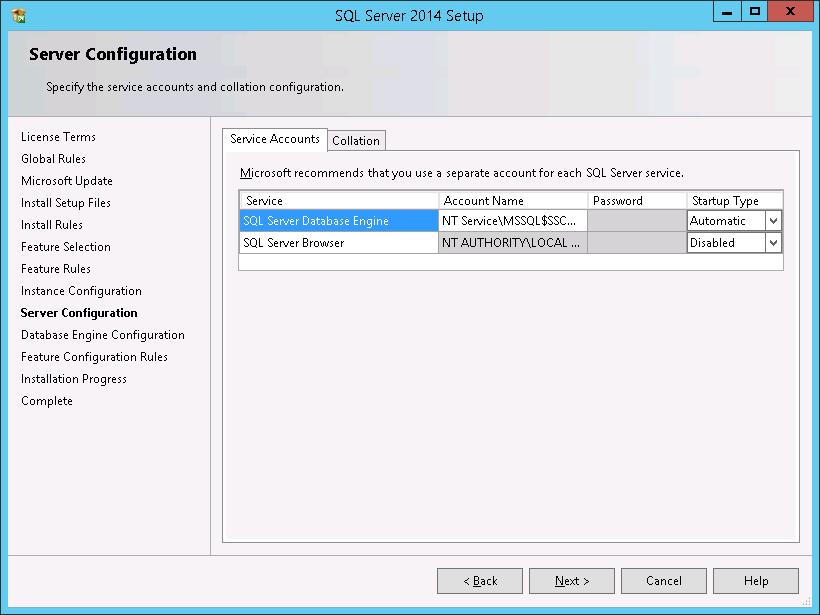 4. Server Configuration dialog box appears. Select NT Service\MSSQL$SSCCMDB for the account name of SQL Server Database Engine service. 5. Database Engine Configuration dialog box appears.