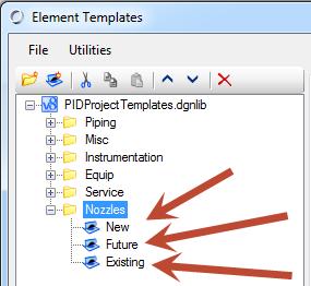 In the Element Templates dialog expand the PIDProject Templates dgnlib node. Pick on the node and then pick on the New Template Group tool and add a new group named Nozzles.