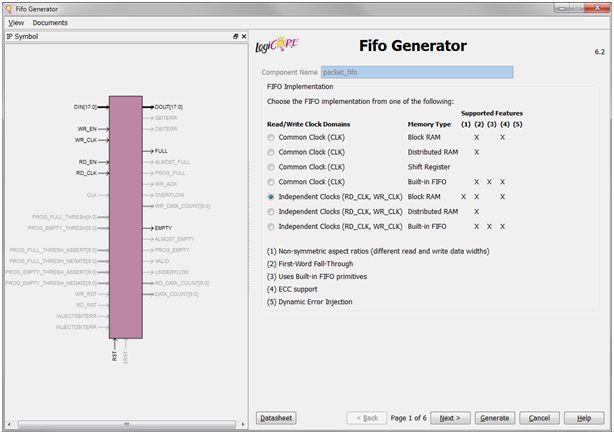 12. When the Fifo Generator core GUI is launched, set the FIFO implementation to Independent Clocks (RD_CLK, WR_CLK) Block RAM. Click Next. 13.