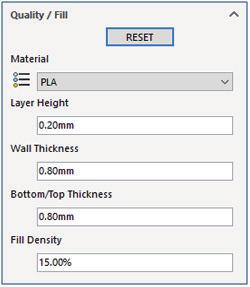 <Quality / Fill> You can select the quality and the fill options of the output. Set all values to the default profiles. Select the material of the filament.