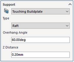 <Support> Select support-related options. Select the support for the model. - None : No support - Touching Buildplate: Build supports only in areas that touch the bed.
