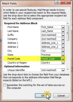 for example, match the Postal Code field in Word to the Postal_Code field in the