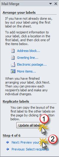 click Update all labels to copy the same address block format to each label