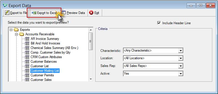 From the Customer Mailing Label Export as an Excel file This is the easiest way to create an export file of customer names and addresses.