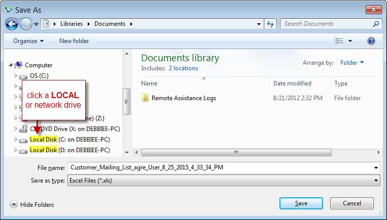 Selecting the Destination Folder for XLS files You want save the file on your own C: drive.