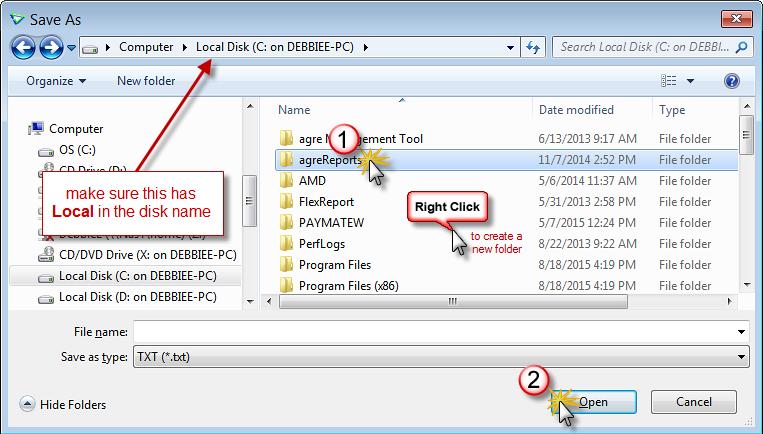 Navigate to the folder where you usually save your agrē exports or reports and double click it (or select the folder and click the Open button).