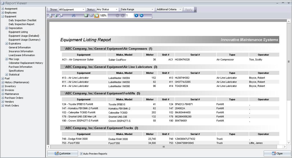 19 Maintenance Pro Version 7 (Professional Edition shown) Upon selecting a report, it will be immediately displayed in the preview window.