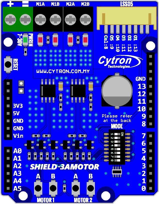 1. INTRODUCTION Cytron 3A Motor Driver Shield ( Code: SHIELD-3AMOTOR ) is an Arduino shield for controlling dual DC motor up to 3A for each channel.