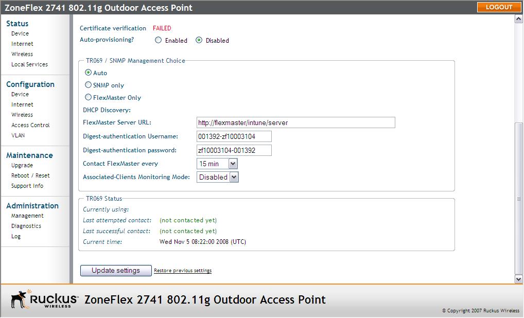 Configuring the Access Point Configuring for Standalone Operation or for Management by FlexMaster 5. Click Update Settings to save your changes.