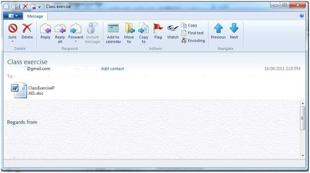 Webmail Windows Live Mail - Received message window 1 2 6 4 5 10 7 3 8 9 14 11 12 13 15 16 1. Message title bar quick launch icons and title of message 2. Ribbon - Message options, 3.