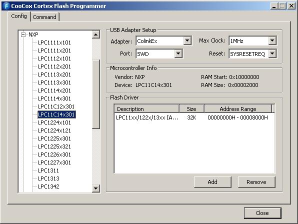 4.2.1 How to use CoLinkEx in CoFlash 1) Open CoFlash, select LPC11C14x301 from NXP,