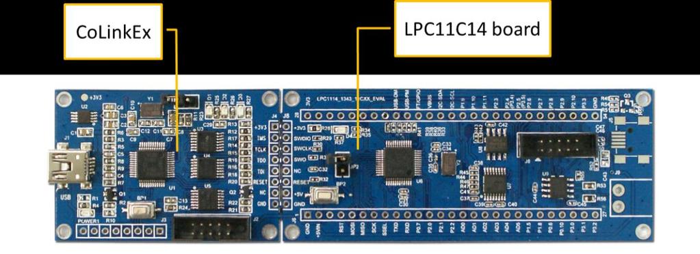 1.3 Hardware resources list CoLinkEx_LPC11C14 EVB Kit contains CoLinkEx and LPC11C14 board: On board CoLinkEx LPC11C14_Dev_Board A mini-type USB socket, power supply CAN Interface and communicate
