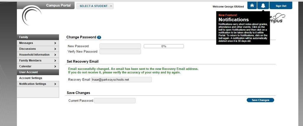 Sign into your parent portal account and choose Account Settings on the left hand side to set your recovery email
