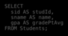 Renaming (ρ) Students(sid,sname,gpa) Changes the schema, not the instance A special operator- neither basic nor derived Notation: ρ B1,,Bn (R) SQL: SELECT sid AS studid, sname AS name, gpa AS