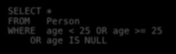 Null Values Can test for NULL explicitly: x IS NULL x IS NOT NULL SELECT * FROM