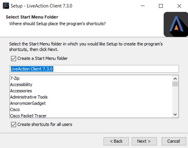 Then select Next. Figure 3: Windows Client Installation Destination Directory Step 4 Setup the Start Menu folder.