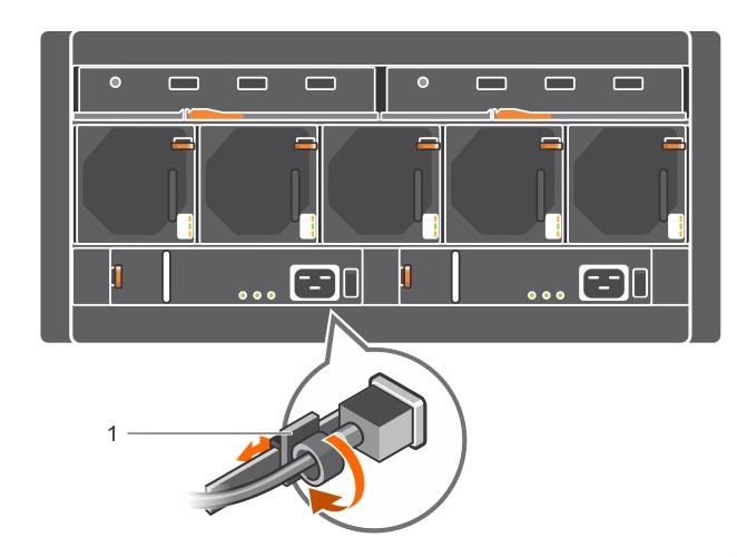 Figure 9. Securing the power cord 1 Power cable securing clip 7 Turn on the PSU switch. NOTE: Allow the enclosure to identify the PSU and determine its status.