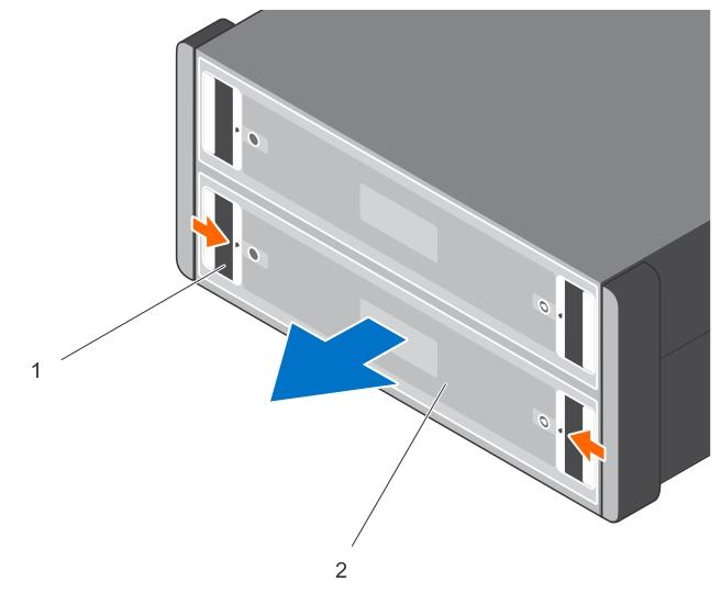 Figure 12. Opening DDIC 1 Drive drawer latches (2 per drawer) 2 Drive drawer CAUTION: Before opening a drive drawer, ensure that the system is not indicating a temperature warning.
