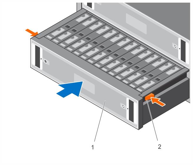 Figure 14. Closing drive drawer 1 Drive drawer 2 Open-drawer lock 8 Close the drive drawer. a b Pull and hold both drive drawer releases, and push the drive drawer inside slightly.
