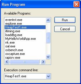 4 Lab 3-2 Exploring the Heap Run the application on the target device 15. Select Target Run Programs from the Visual Studio menu to bring up Run Program dialog. 16.