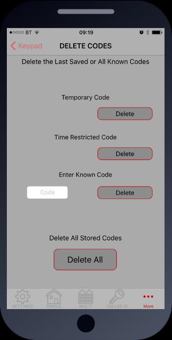 hours Delete Codes You can use these buttons to delete a recently stored temp or time restricted code (codes shown beside the delete button) Delete any