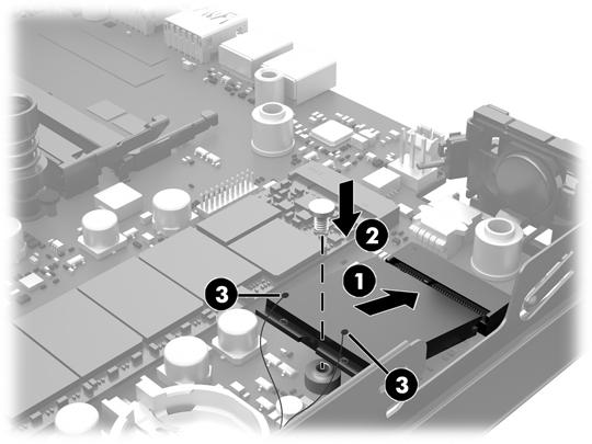 16. Grasp the WLAN module (2) by the sides and pull it out of the socket. 17. Insert the new WLAN module into the socket on the system board. NOTE: A WLAN module can be installed in only one way. 18.