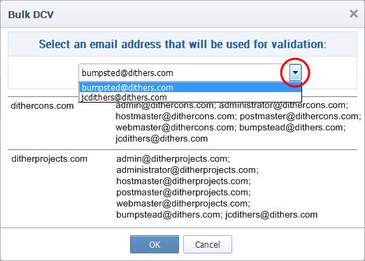 3. Select the email address of the administrator who can receive and respond to the validation mail from the drop-down and click 'OK'.
