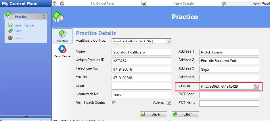 Set GPS Coordinates in My Control Panel > Admin Console > Practice by clicking the magnifying glass or entered your co-ordinates manually.