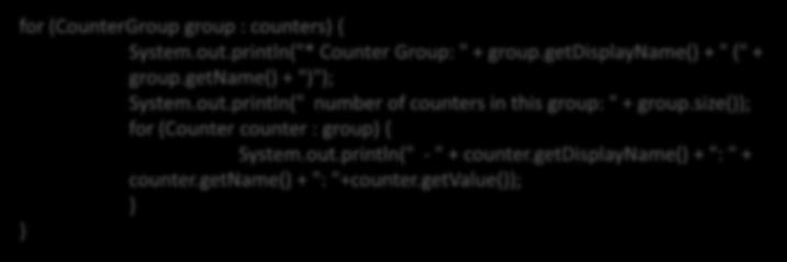 Implement User-Defined Counters Get Counters from a finished job in Java Counter counters = job.getcounters() Get the counter according to name Counter c1 = counters.findcounter(temperature.