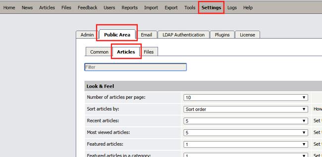 Customizing article display options You can customize how and where articles are displayed in the Settings > Public Area > Articles tab.