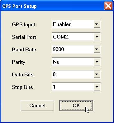 4. GPS Port Setup & Monitoring The GPS Port Setup dialog allows for enabling GPS input, and setting communication parameters for serial port associated with GPS input.