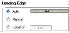 Leading Edge There are three modes: Auto: Move the cursor to trim the leading edge shape. Manual mode, see values modification or graphical modification below. Equation: For advanced users.
