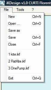 3. Software menu part A. File You can open, save, save as and close a kite design.