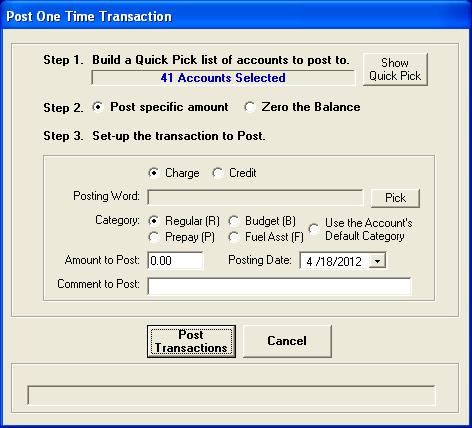 New Feature: Post Special / One Time Transaction There are two scenarios where you will find this new feature to be useful: 1. Post a one-time transaction to a group of accounts.