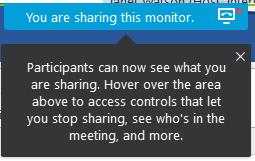 Pop up displays -> You are sharing this monitor 5. First time only -> deselect the Participants message by selecting the white cross displaying in the black text field. 6.