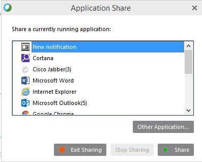 How to Share an application Within WebEx it is possible to share an individual application and video without sharing the whole screen. To share an Application window. 1. Open the application 2.