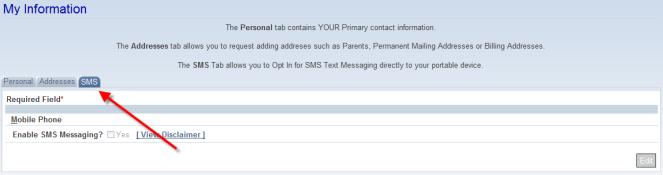 5. Once you have Accepted the SMS Messaging Disclaimer, you must enter your Mobile Phone Number and Mobile Provider prior to clicking the Save button in the