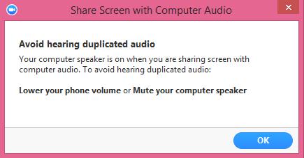 3. You will need to adjust your computer speakers and your computer s microphone setting so that you don t send unwanted audio with your video s audio. a. Mute your computer s speaker: Because you chose to share your computer s sound in Step #2, the following message will appear on your screen as soon as you share your screen.