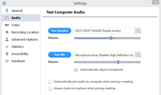3. The next window will allow you to choose your method of using audio for this meeting. Each method is represented with a button at the top of the window.