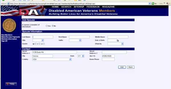 When changing the Marital Status to married, the Add Spouse screen will display, allowing the operator to enter the spouse information.