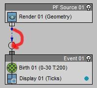 Before we adjust the settings we need to link our PF Source 01, to our Event 01. Notice the little blue line with a dot at the end of it just below the PF Source box?