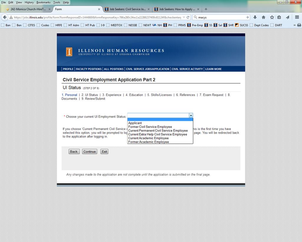 2. UI Status - Select your University of Illinois employment status in the drop-down list and click Continue to go to the next step.