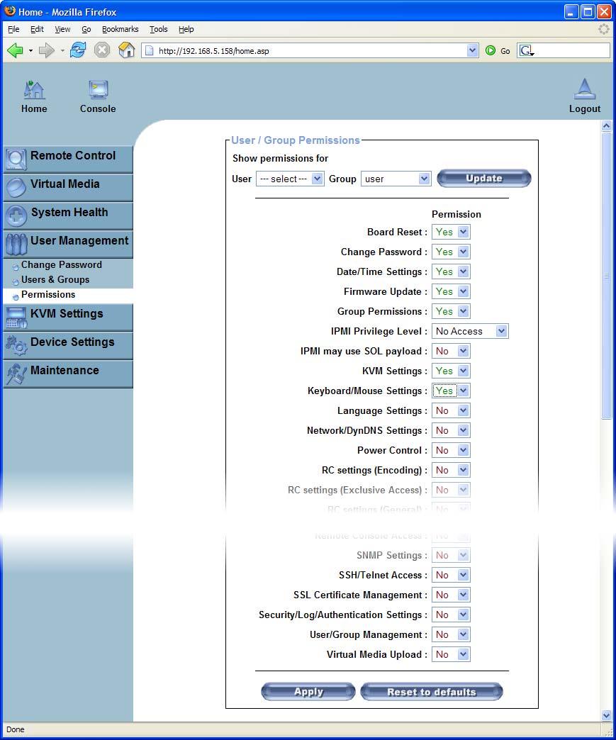 CHAPTER 6. MENU OPTIONS 55 Permissions Figure 6-25. Set Permissions for the Group user This page allows you to set the permissions for each user or group.