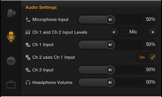 12 Settings Audio Settings To adjust audio input and audio monitoring settings on your Blackmagic Cinema Camera, press the MENU button and select the microphone icon to the left of the touchscreen