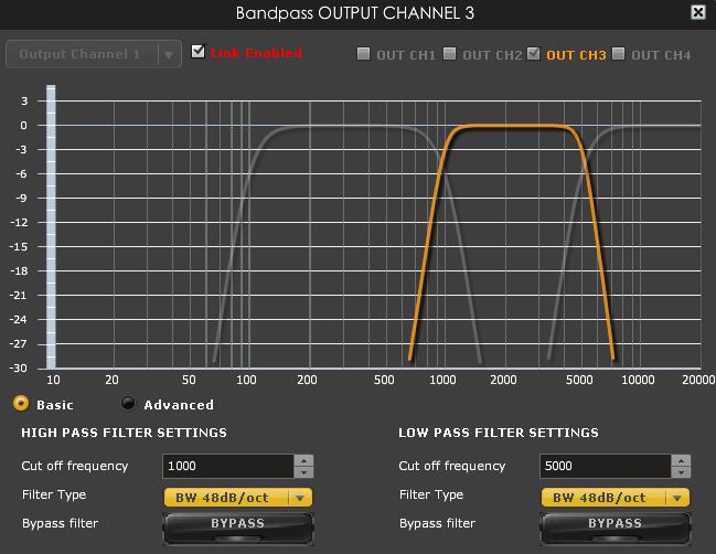 4.3.3 Output volume A fader control for 0 to -70dB digital gain control. Similar to the input volume control. 4.3.4 Crossover Controls for the Low& High pass filters are available when clicking on the Xover (crossover) button: The log scale graph gives you the equivalent response of the applied filter.